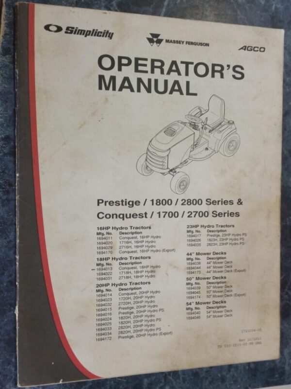 Simplicity Ride on Mower Operators Manual Prestige & Conquest Series