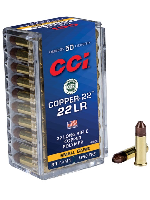 CCI 22LR 22 Copper 21gr HP 1850FPS Lead Free Ammunition 50 PK - HVTM